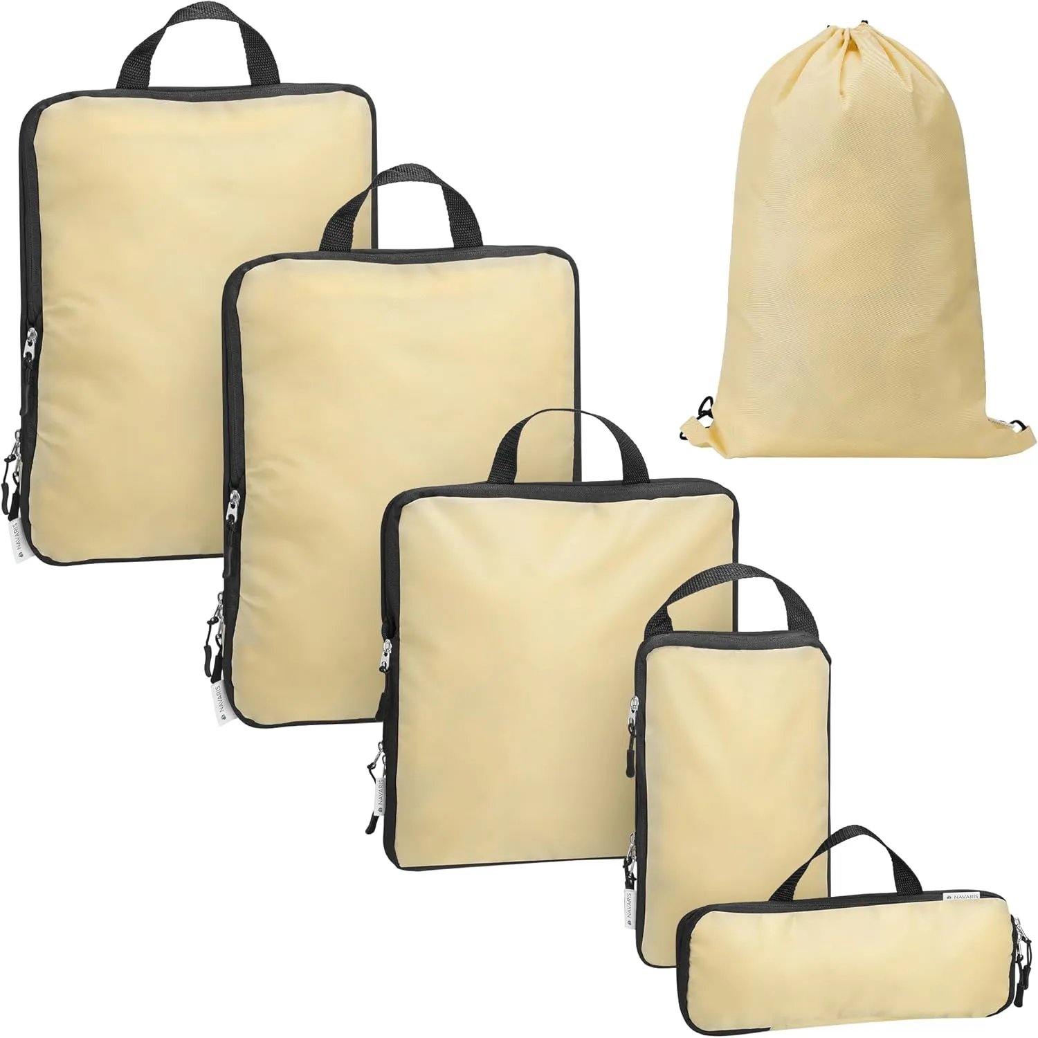Navaris Compression Packing Cubes Set of 6 - Compressible Travel Bags for Packing Many Sizes - Lightweight Compression Travel Organizer Suitcase Carry On Luggage Backpacks - Beige