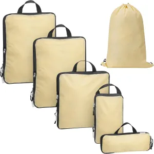 Navaris Compression Packing Cubes Set of 6 - Compressible Travel Bags for Packing Many Sizes - Lightweight Compression Travel Organizer Suitcase Carry On Luggage Backpacks - Beige