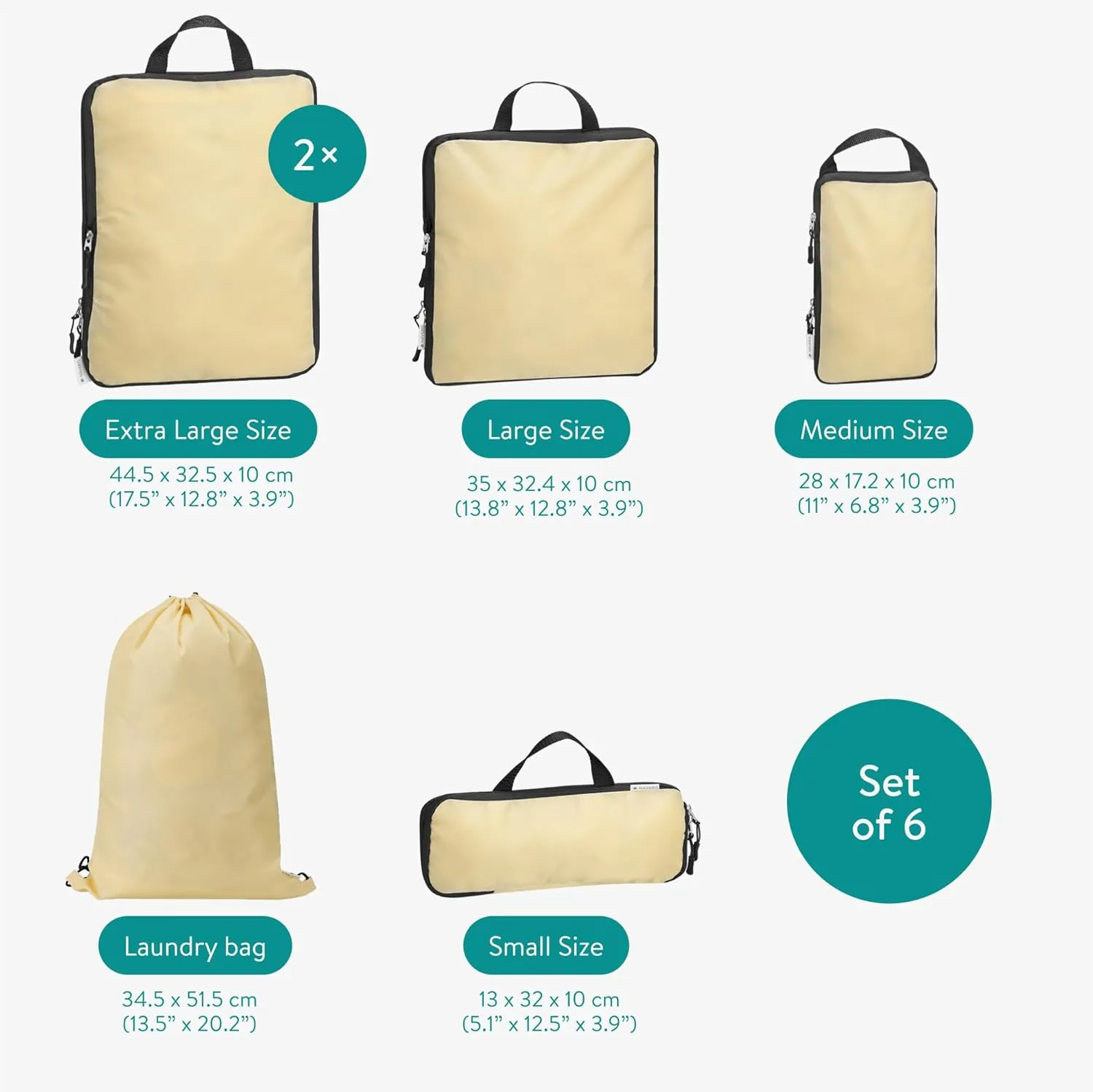 Navaris Compression Packing Cubes Set of 6 - Compressible Travel Bags for Packing Many Sizes - Lightweight Compression Travel Organizer Suitcase Carry On Luggage Backpacks - Beige