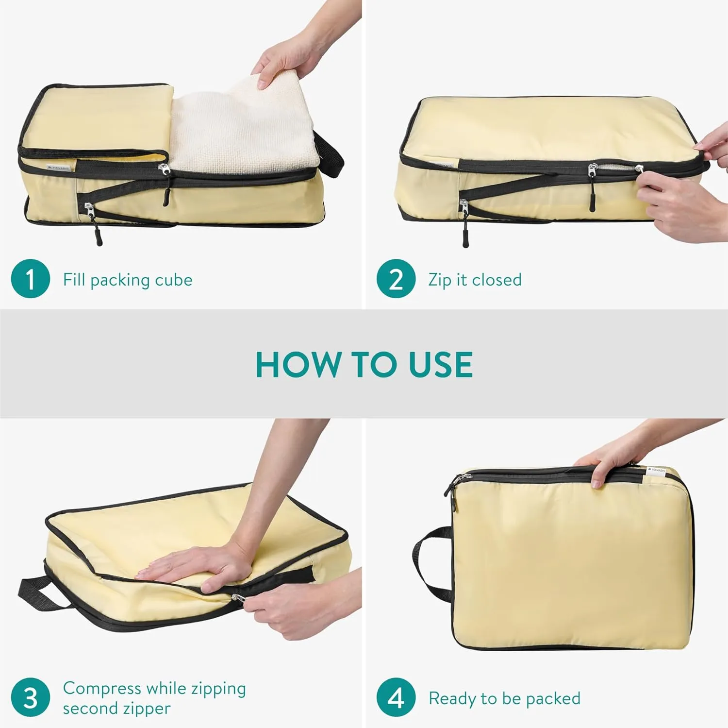 Navaris Compression Packing Cubes Set of 6 - Compressible Travel Bags for Packing Many Sizes - Lightweight Compression Travel Organizer Suitcase Carry On Luggage Backpacks - Beige