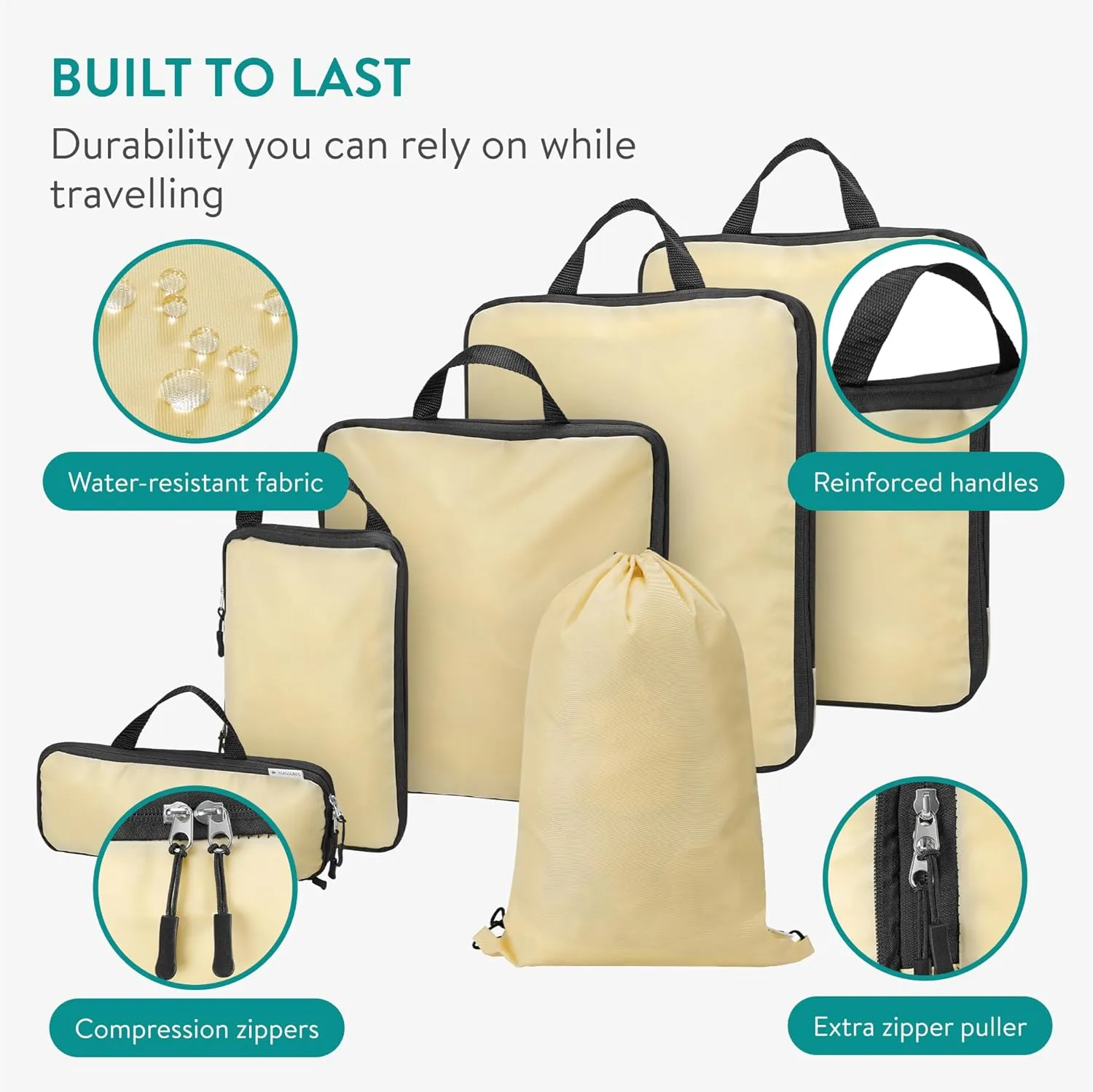 Navaris Compression Packing Cubes Set of 6 - Compressible Travel Bags for Packing Many Sizes - Lightweight Compression Travel Organizer Suitcase Carry On Luggage Backpacks - Beige