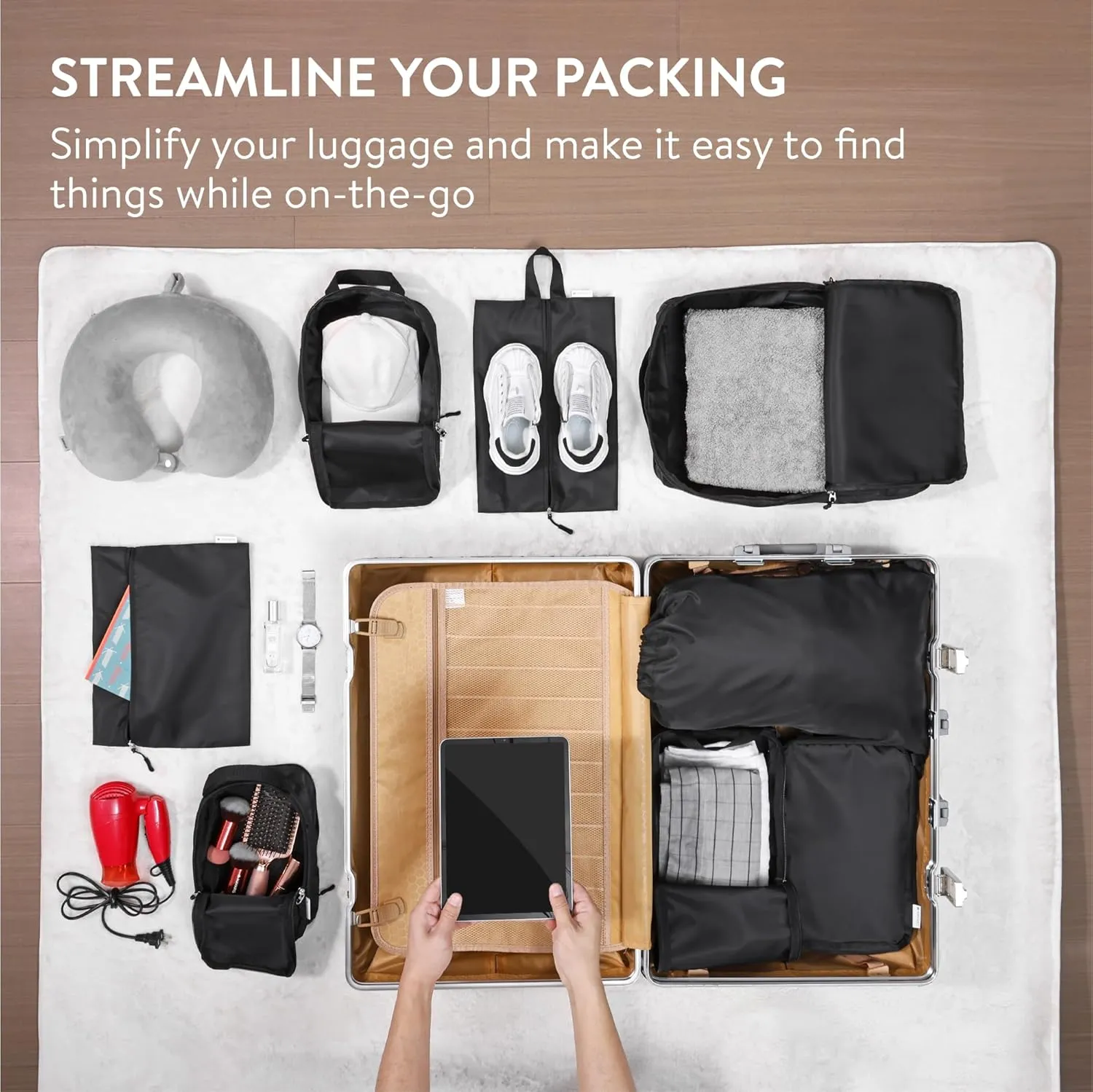 Navaris Compression Packing Cubes Set of 8 - Compressible Travel Bags for Packing Many Sizes - Lightweight Compression Travel Organizer Suitcase Carry On Luggage Backpacks - Black