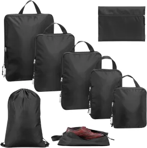Navaris Compression Packing Cubes Set of 8 - Compressible Travel Bags for Packing Many Sizes - Lightweight Compression Travel Organizer Suitcase Carry On Luggage Backpacks - Black
