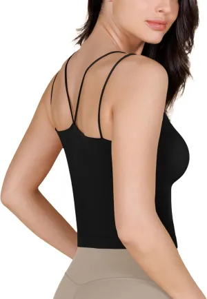 ODODOS Women's Crop Seamless Double Straps Cropped Tank Tops V Back Ribbed Camisole