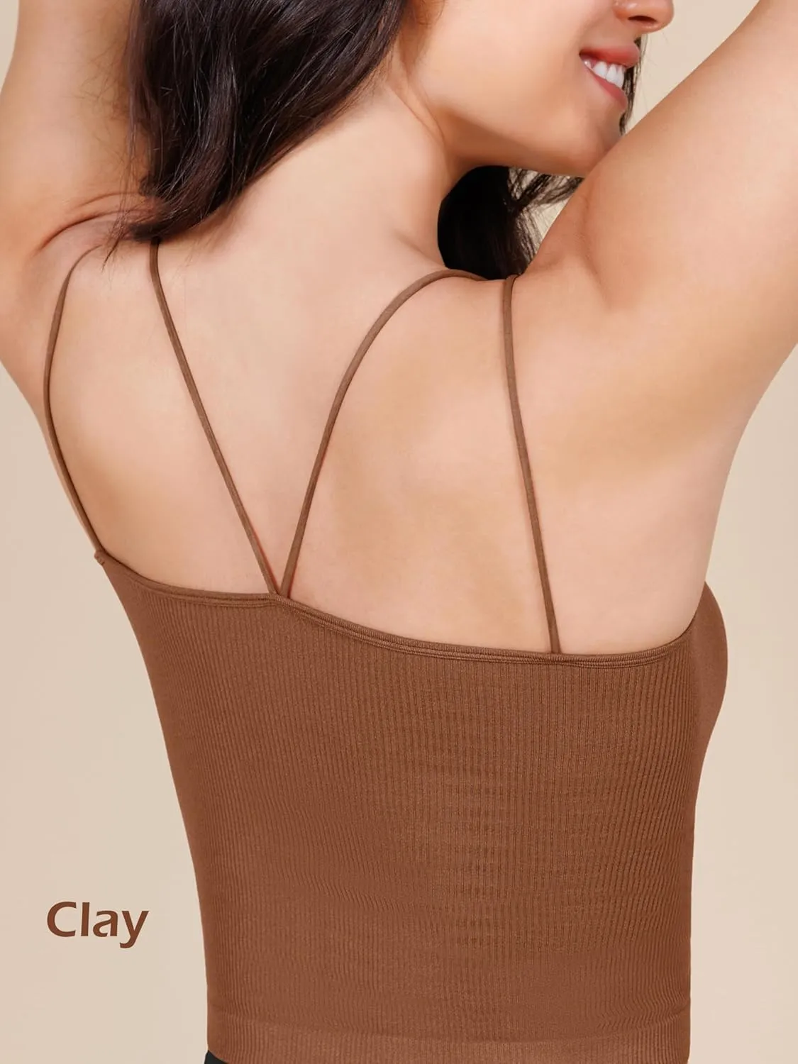 ODODOS Women's Crop Seamless Double Straps Cropped Tank Tops V Back Ribbed Camisole