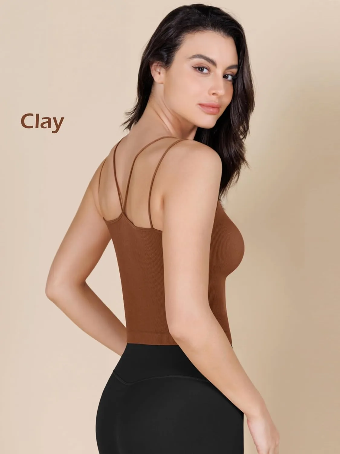 ODODOS Women's Crop Seamless Double Straps Cropped Tank Tops V Back Ribbed Camisole