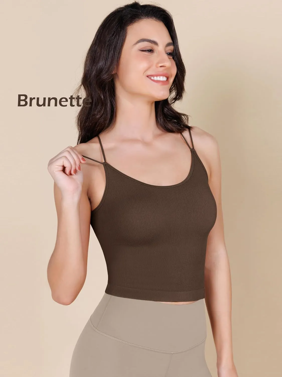 ODODOS Women's Crop Seamless Double Straps Cropped Tank Tops V Back Ribbed Camisole