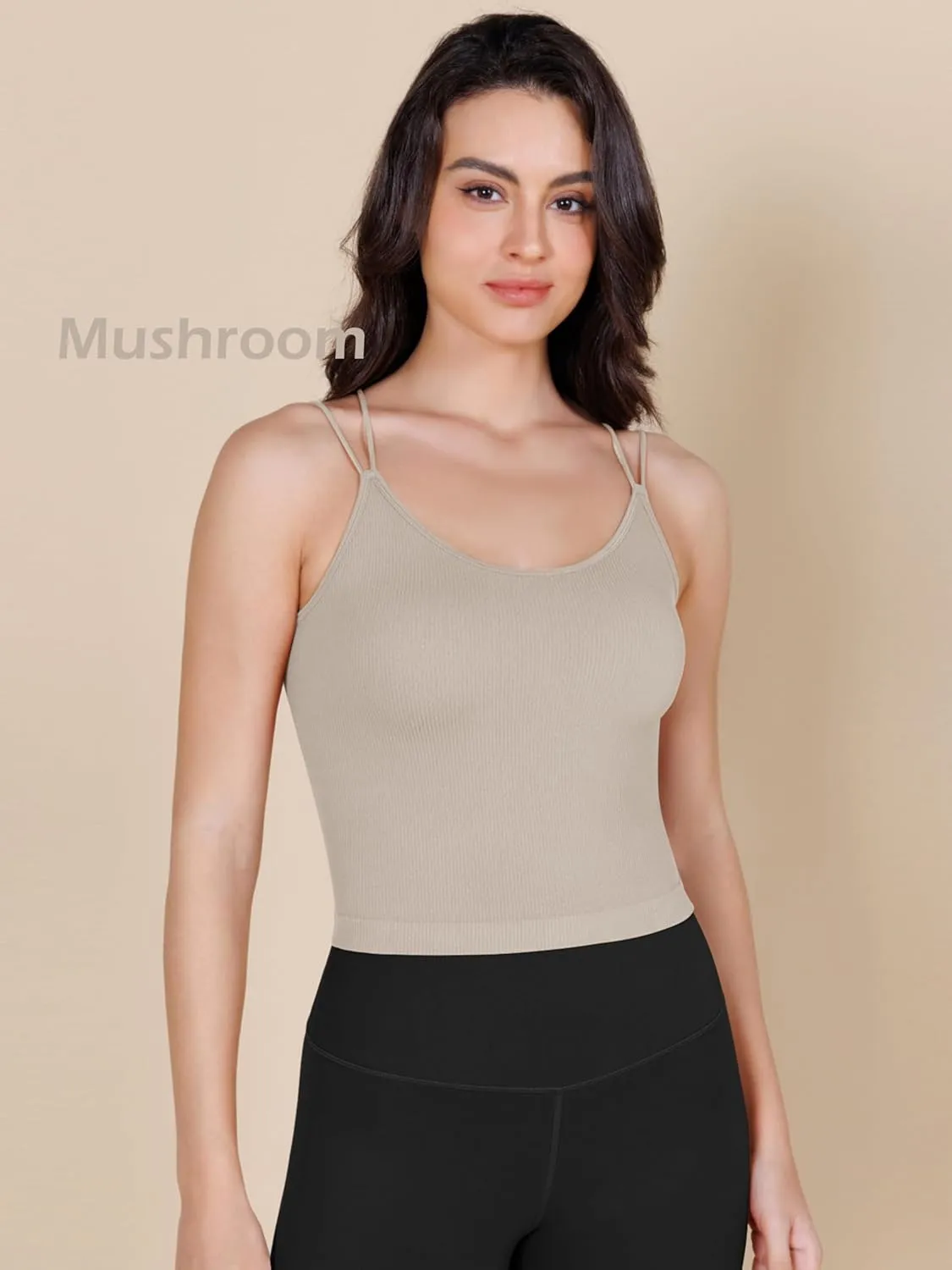 ODODOS Women's Crop Seamless Double Straps Cropped Tank Tops V Back Ribbed Camisole