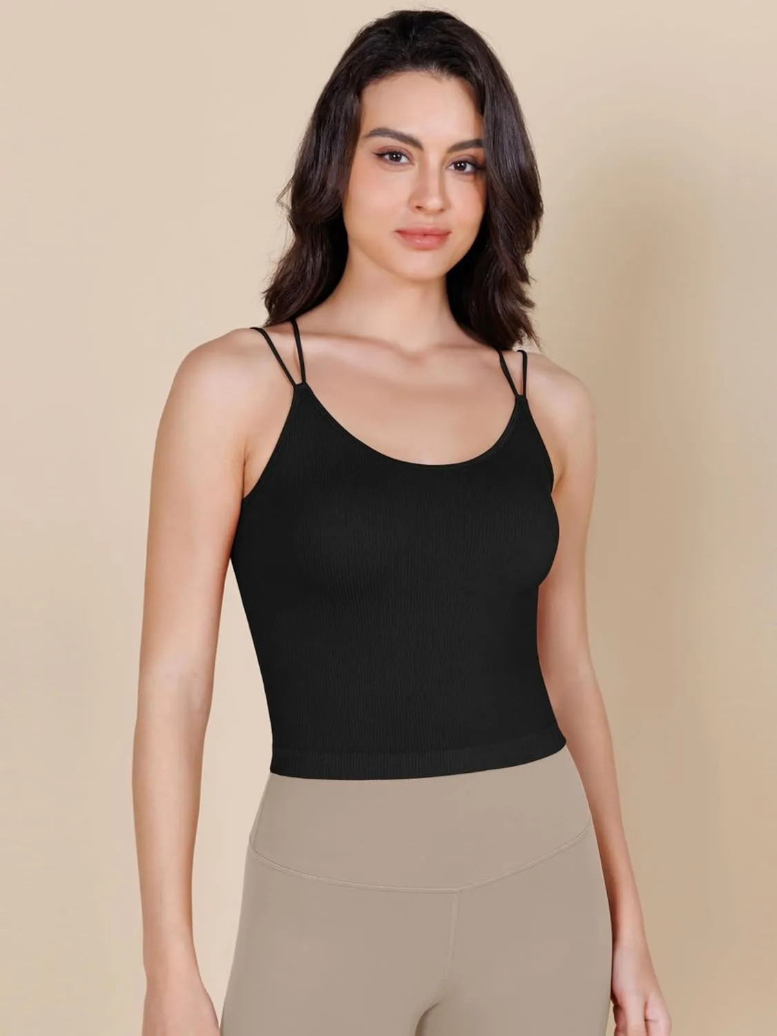 ODODOS Women's Crop Seamless Double Straps Cropped Tank Tops V Back Ribbed Camisole