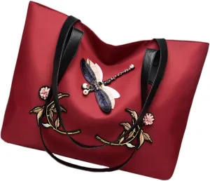 Oxford Cloth Women's Bag Shoulder Tote Dragonfly Embroidery Large Capacity Daily Use Fashion Handbag