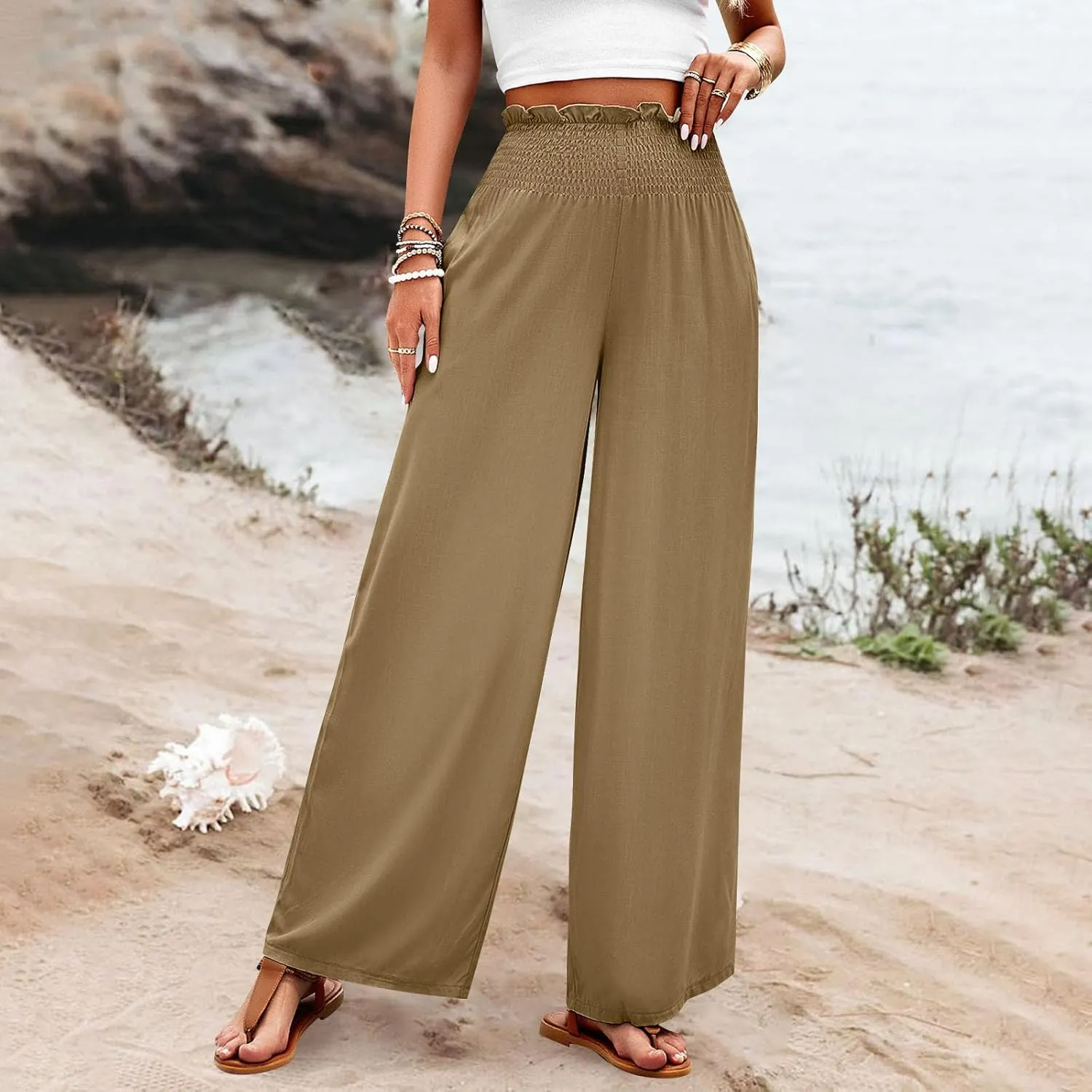 Palazzo Pants for Women Cotton Linen High Rise Summer Loose Pants Trendy Button Palazzo Pockets Solid Trousers Trendy