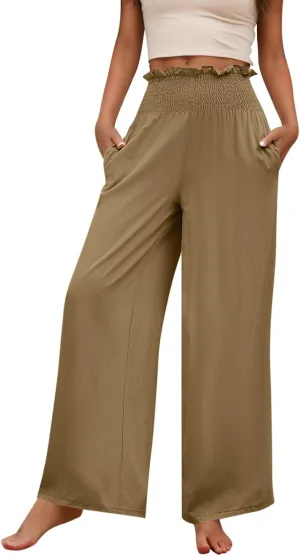 Palazzo Pants for Women Cotton Linen High Rise Summer Loose Pants Trendy Button Palazzo Pockets Solid Trousers Trendy