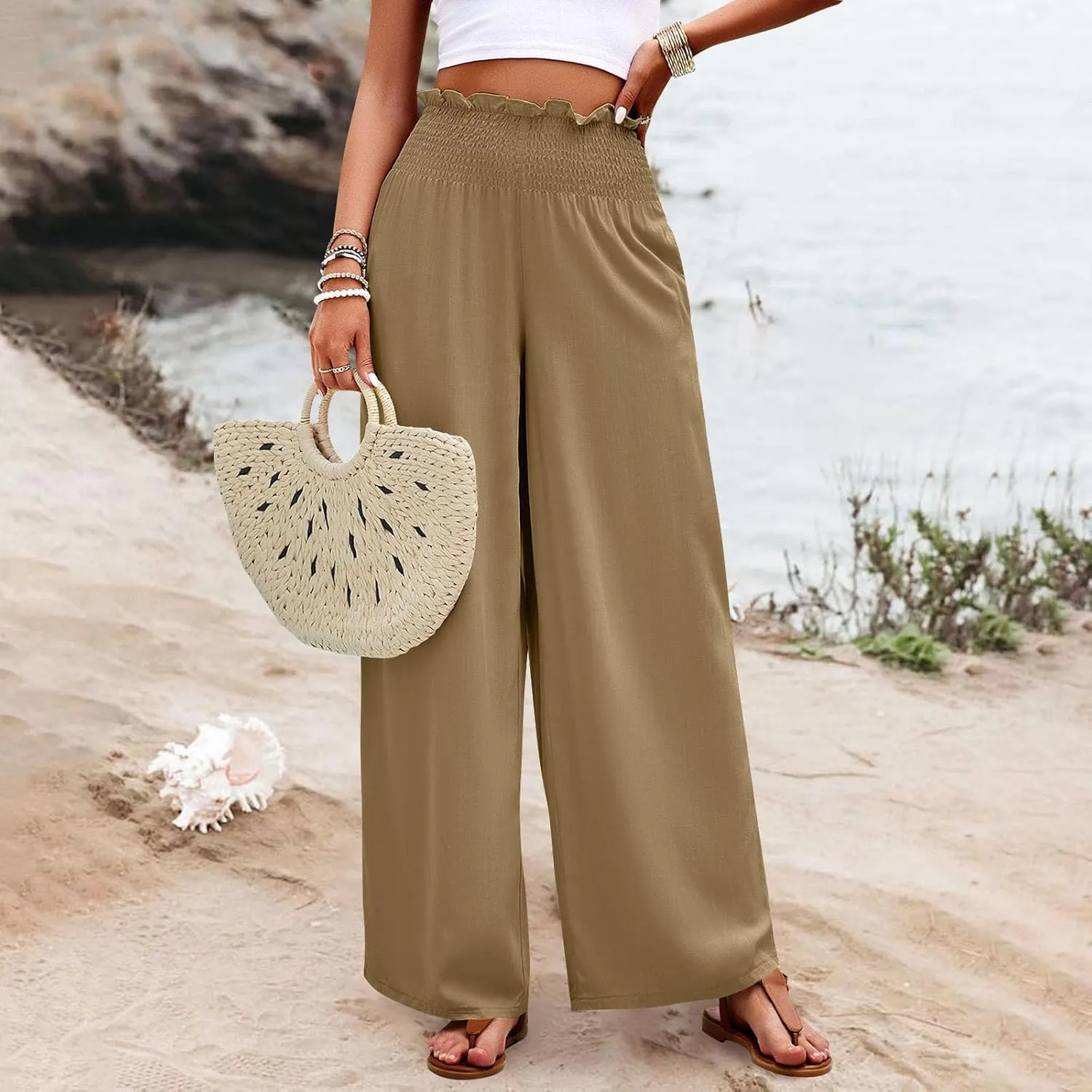 Palazzo Pants for Women Cotton Linen High Rise Summer Loose Pants Trendy Button Palazzo Pockets Solid Trousers Trendy