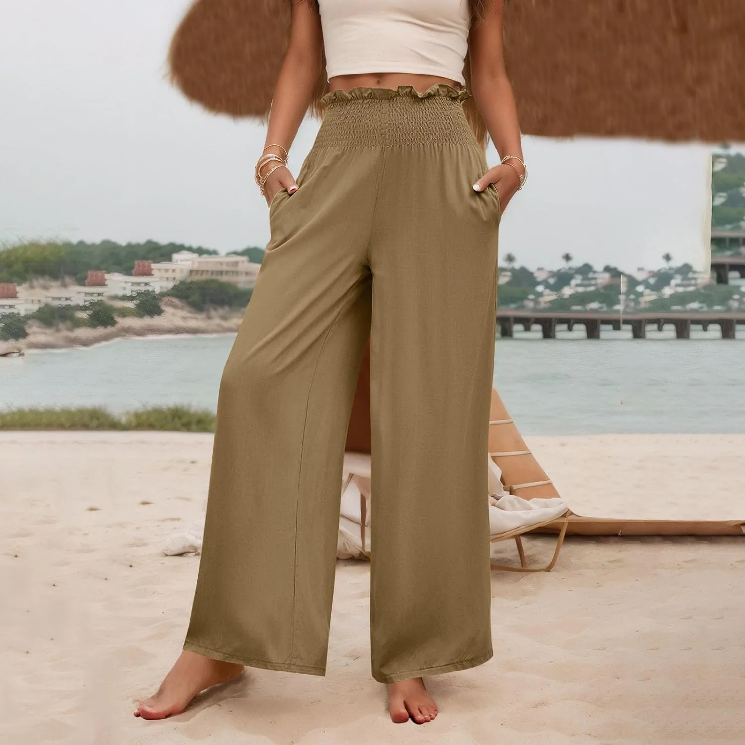 Palazzo Pants for Women Cotton Linen High Rise Summer Loose Pants Trendy Button Palazzo Pockets Solid Trousers Trendy