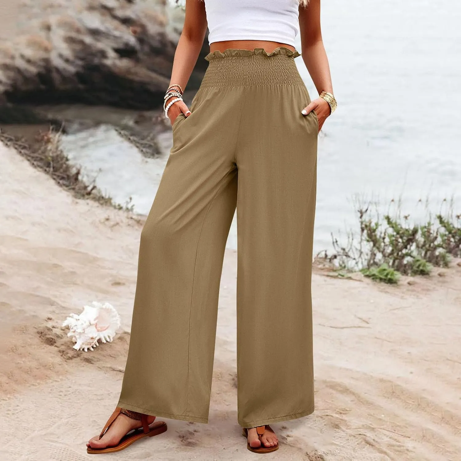 Palazzo Pants for Women Cotton Linen High Rise Summer Loose Pants Trendy Button Palazzo Pockets Solid Trousers Trendy