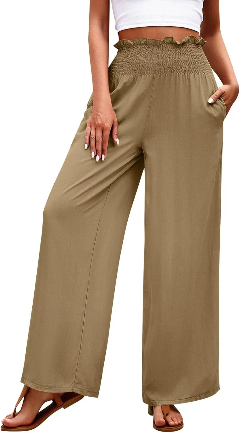 Palazzo Pants for Women Cotton Linen High Rise Summer Loose Pants Trendy Button Palazzo Pockets Solid Trousers Trendy