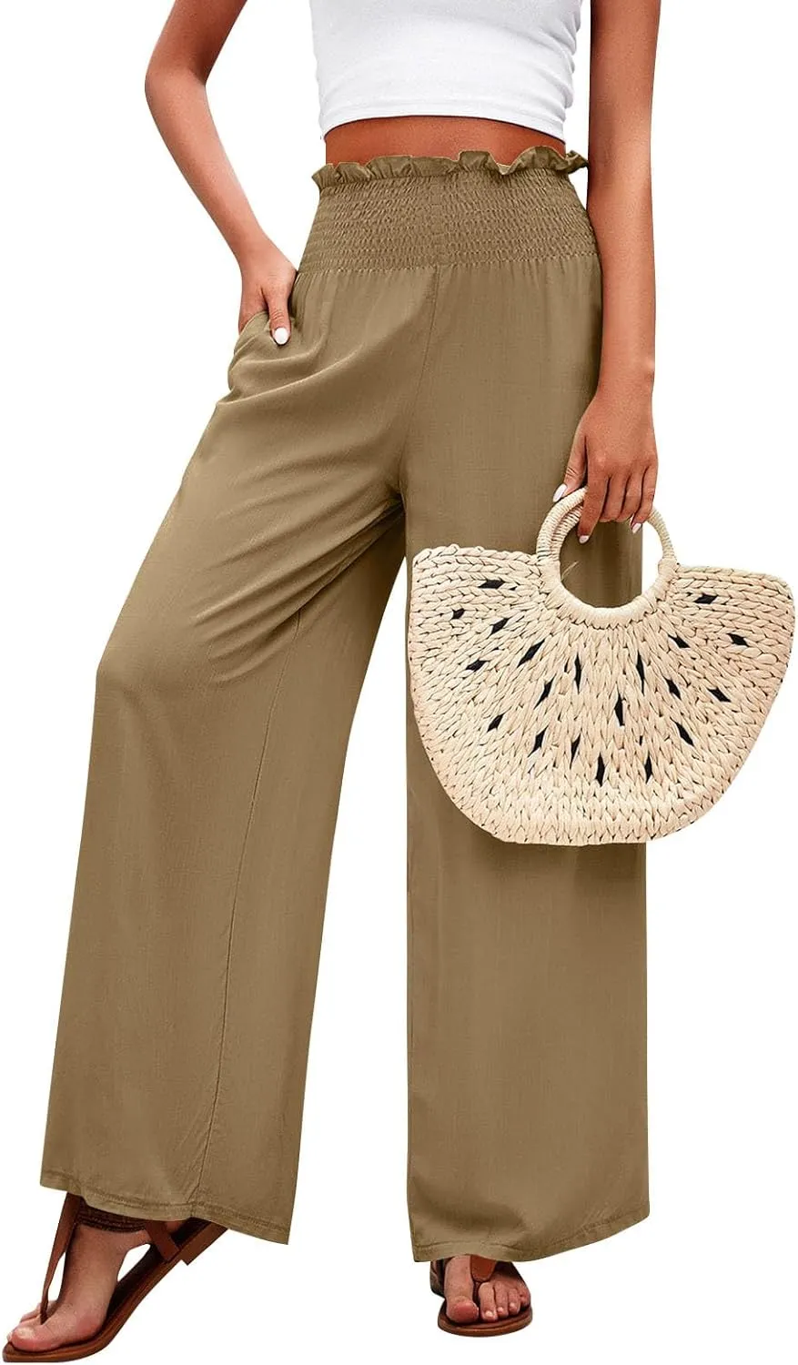Palazzo Pants for Women Cotton Linen High Rise Summer Loose Pants Trendy Button Palazzo Pockets Solid Trousers Trendy
