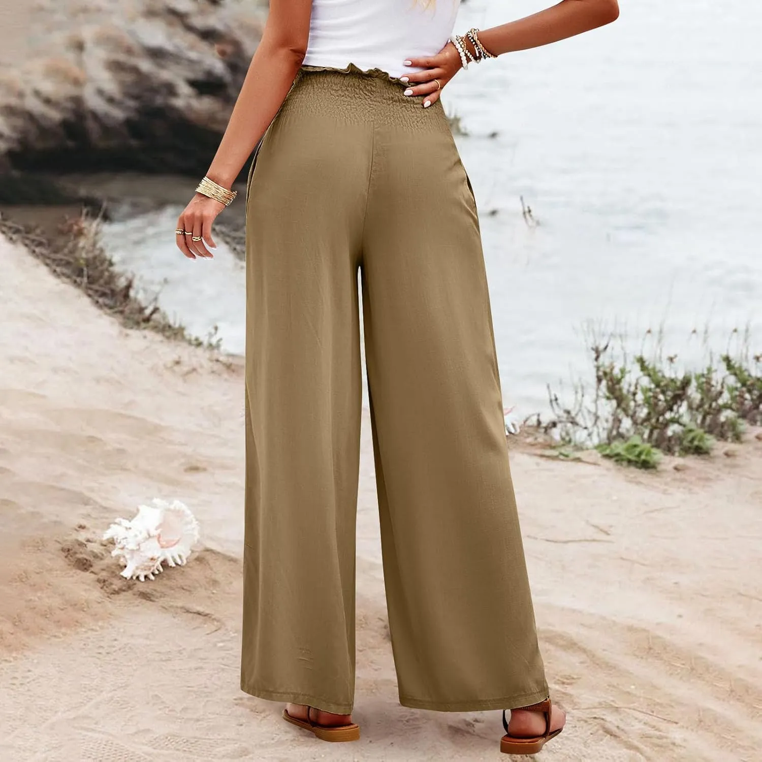 Palazzo Pants for Women Cotton Linen High Rise Summer Loose Pants Trendy Button Palazzo Pockets Solid Trousers Trendy