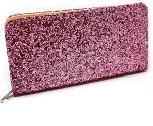 Pink Glitter Wallet Clutch - Evening, Party, Club - 8"x4", Zipper, 3 Sections