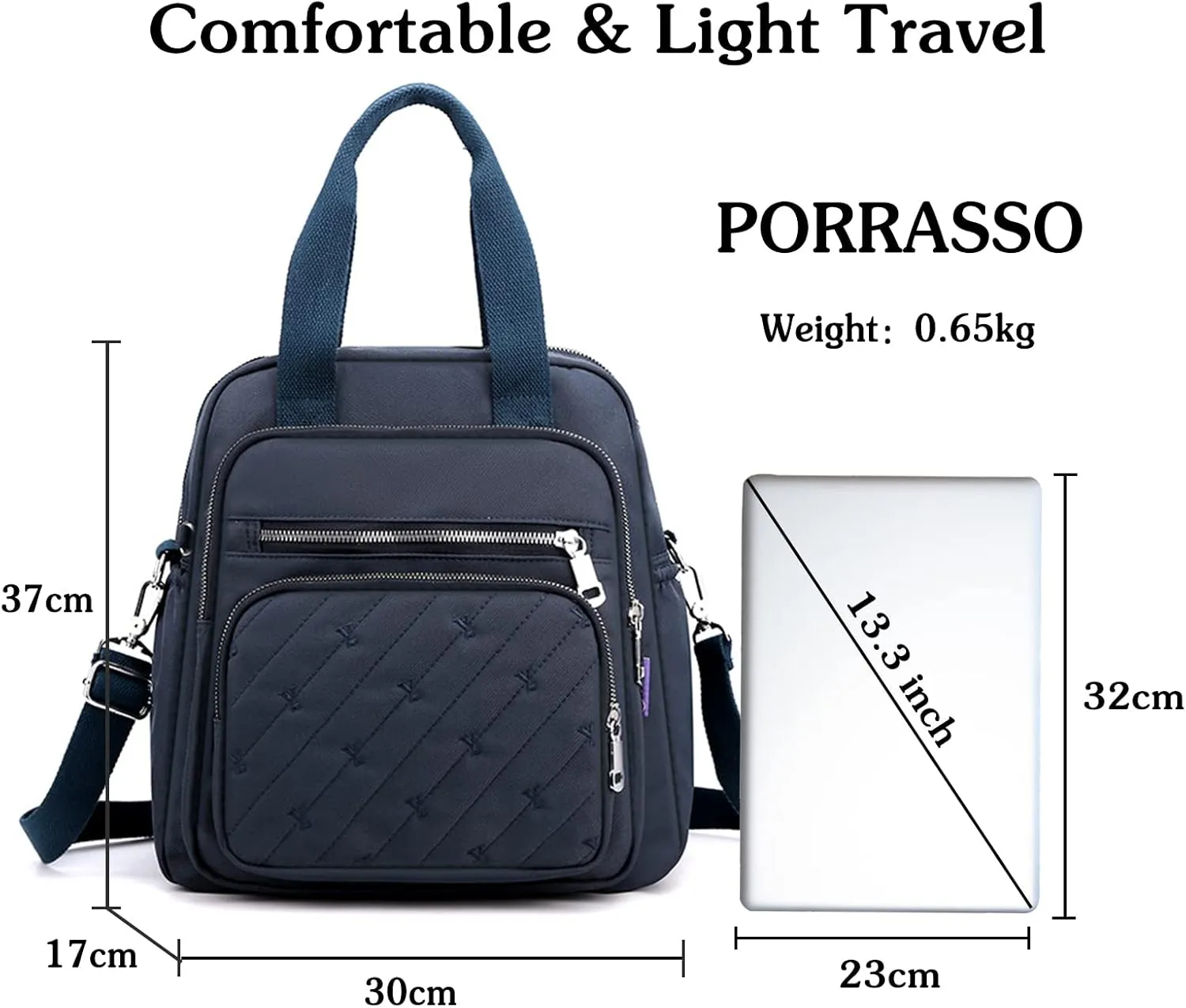 PORRASSO Backpack Fashion Shoulder Bag Women Handbag Rucksack Daypack Nylon Crossbody Bag for Work Travel Daily Use Dark Blue