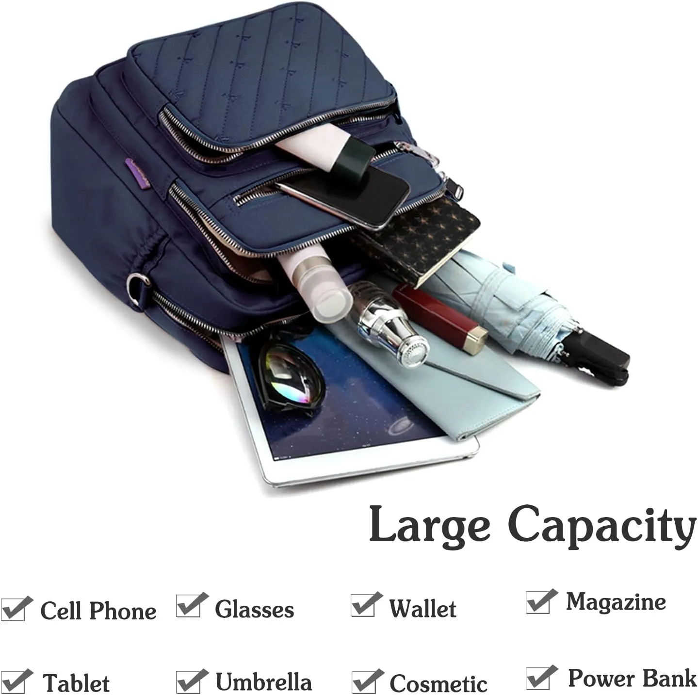 PORRASSO Backpack Fashion Shoulder Bag Women Handbag Rucksack Daypack Nylon Crossbody Bag for Work Travel Daily Use Dark Blue
