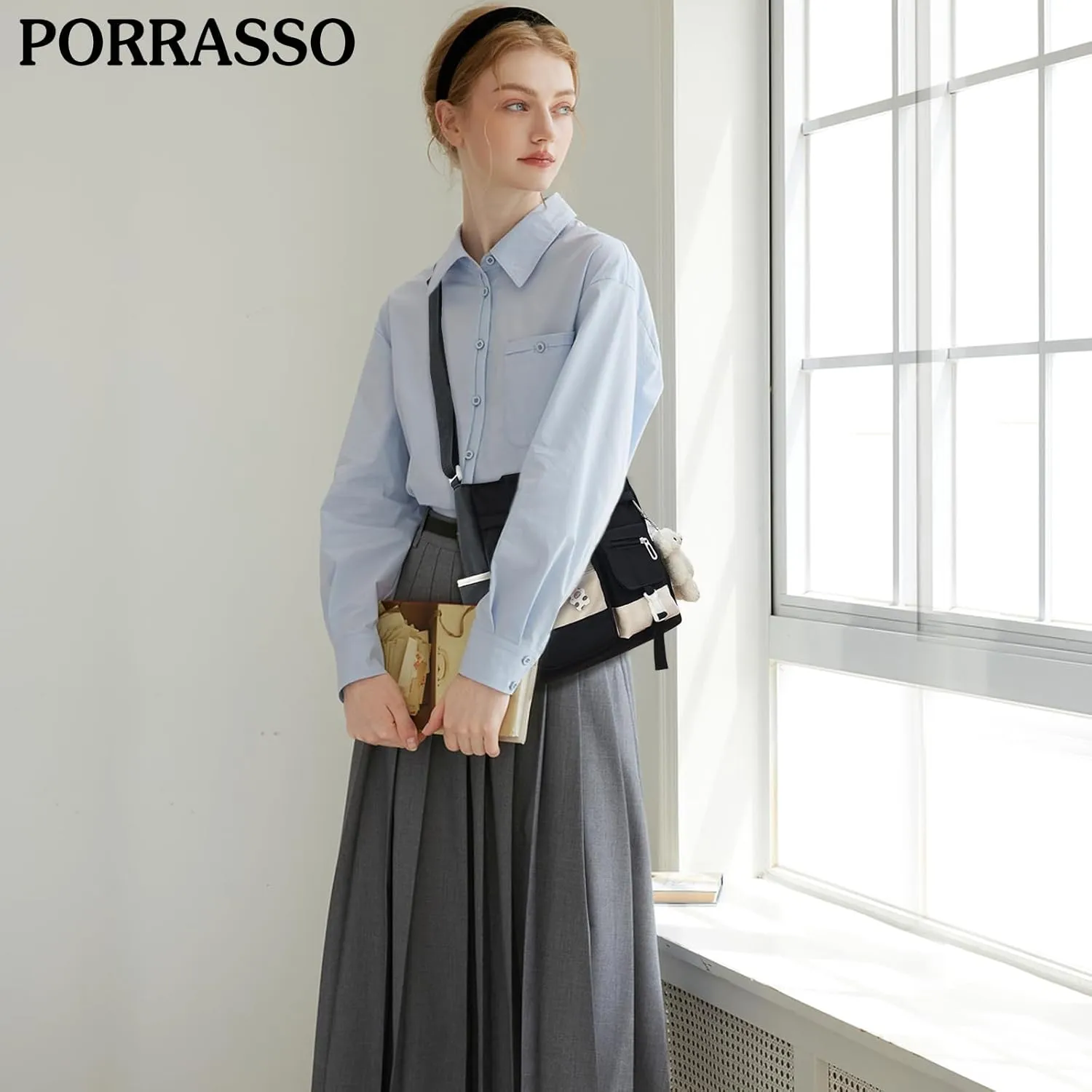 PORRASSO Crossbody Bag Cute Little Bear Shoulder Bag Nylon Messenger Bag Women Satchel for Travel Daily Use Black