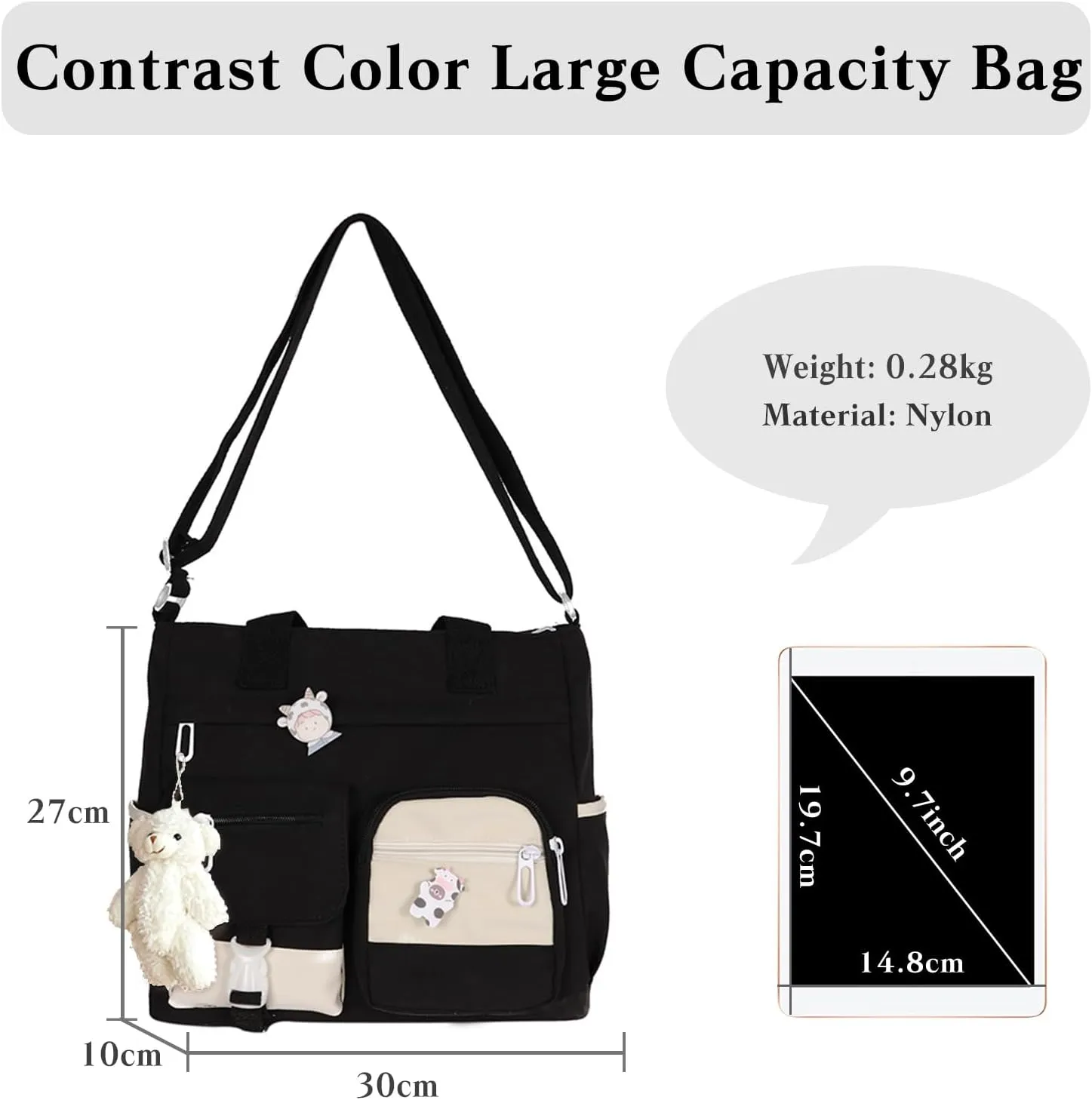 PORRASSO Crossbody Bag Cute Little Bear Shoulder Bag Nylon Messenger Bag Women Satchel for Travel Daily Use Black