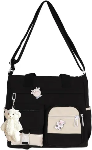 PORRASSO Crossbody Bag Cute Little Bear Shoulder Bag Nylon Messenger Bag Women Satchel for Travel Daily Use Black