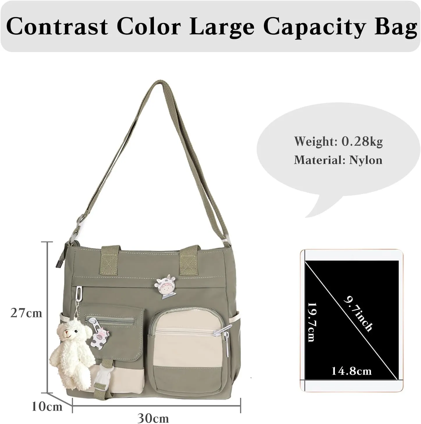 PORRASSO Crossbody Bag Cute Little Bear Shoulder Bag Nylon Messenger Bag Women Satchel for Travel Daily Use Green