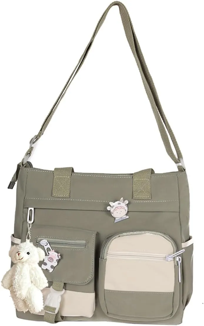 PORRASSO Crossbody Bag Cute Little Bear Shoulder Bag Nylon Messenger Bag Women Satchel for Travel Daily Use Green