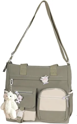 PORRASSO Crossbody Bag Cute Little Bear Shoulder Bag Nylon Messenger Bag Women Satchel for Travel Daily Use Green