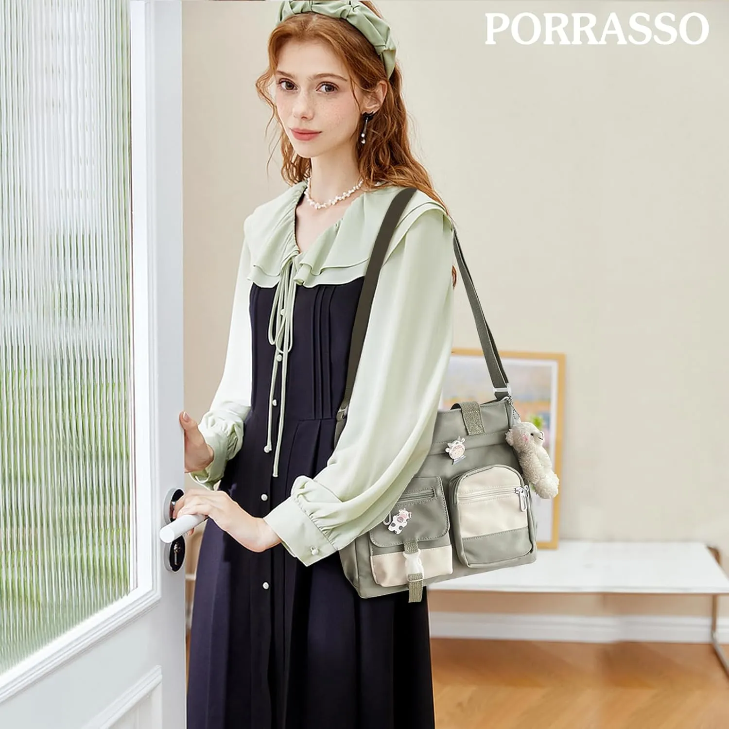 PORRASSO Crossbody Bag Cute Little Bear Shoulder Bag Nylon Messenger Bag Women Satchel for Travel Daily Use Green