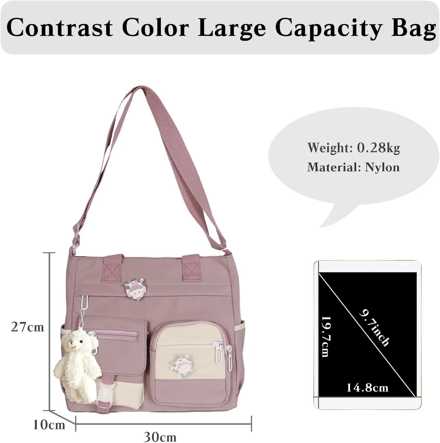 PORRASSO Crossbody Bag Cute Little Bear Shoulder Bag Nylon Messenger Bag Women Satchel for Travel Daily Use Purple