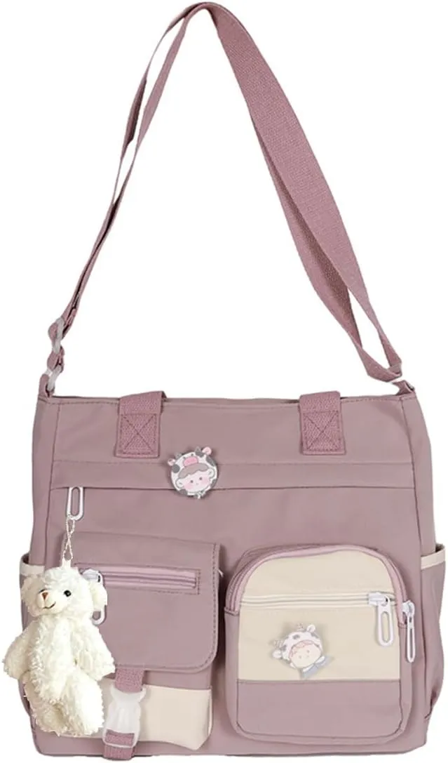 PORRASSO Crossbody Bag Cute Little Bear Shoulder Bag Nylon Messenger Bag Women Satchel for Travel Daily Use Purple
