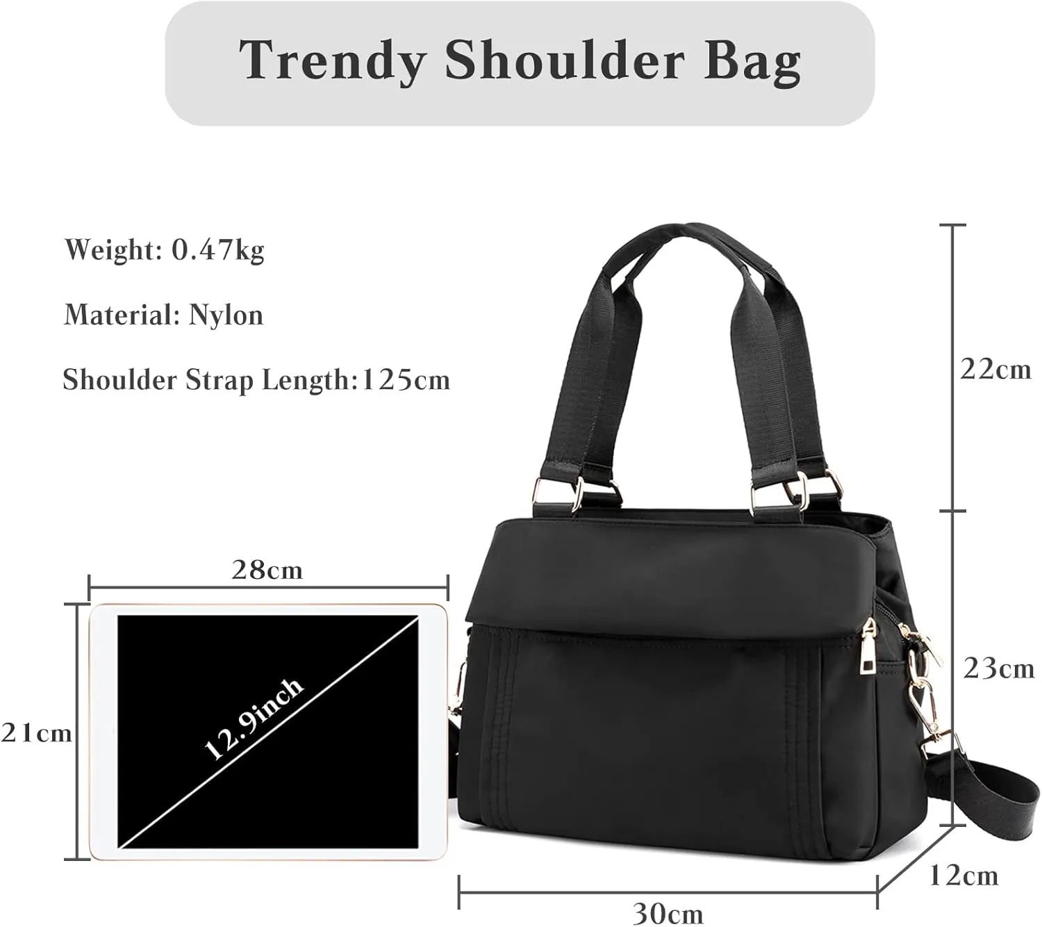 PORRASSO Crossbody Bag Nylon Shoulder Bag Women Multi-pocket Handbag Ladies Satchel Tote for Travel Work Daily Use Black