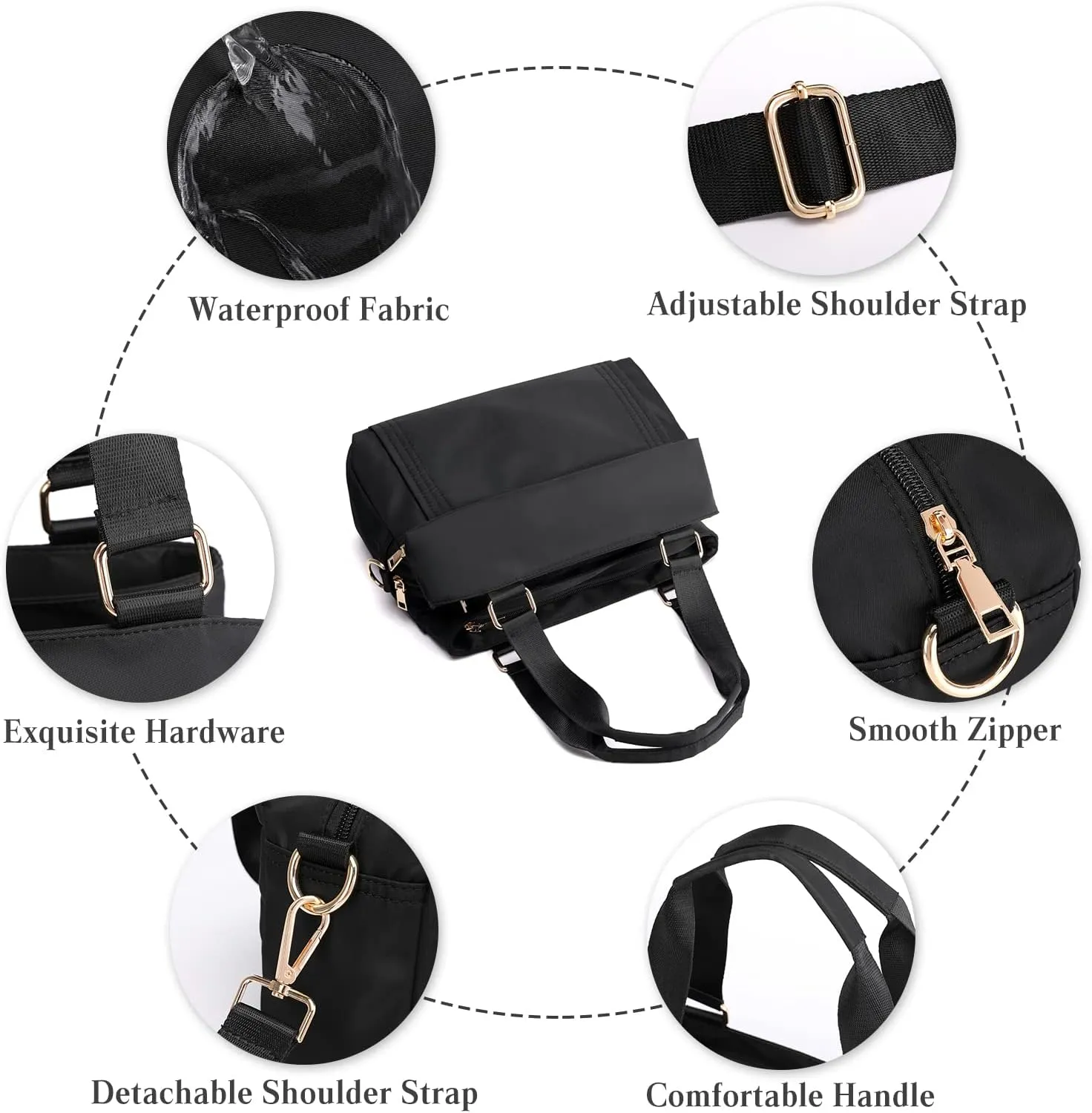 PORRASSO Crossbody Bag Nylon Shoulder Bag Women Multi-pocket Handbag Ladies Satchel Tote for Travel Work Daily Use Black