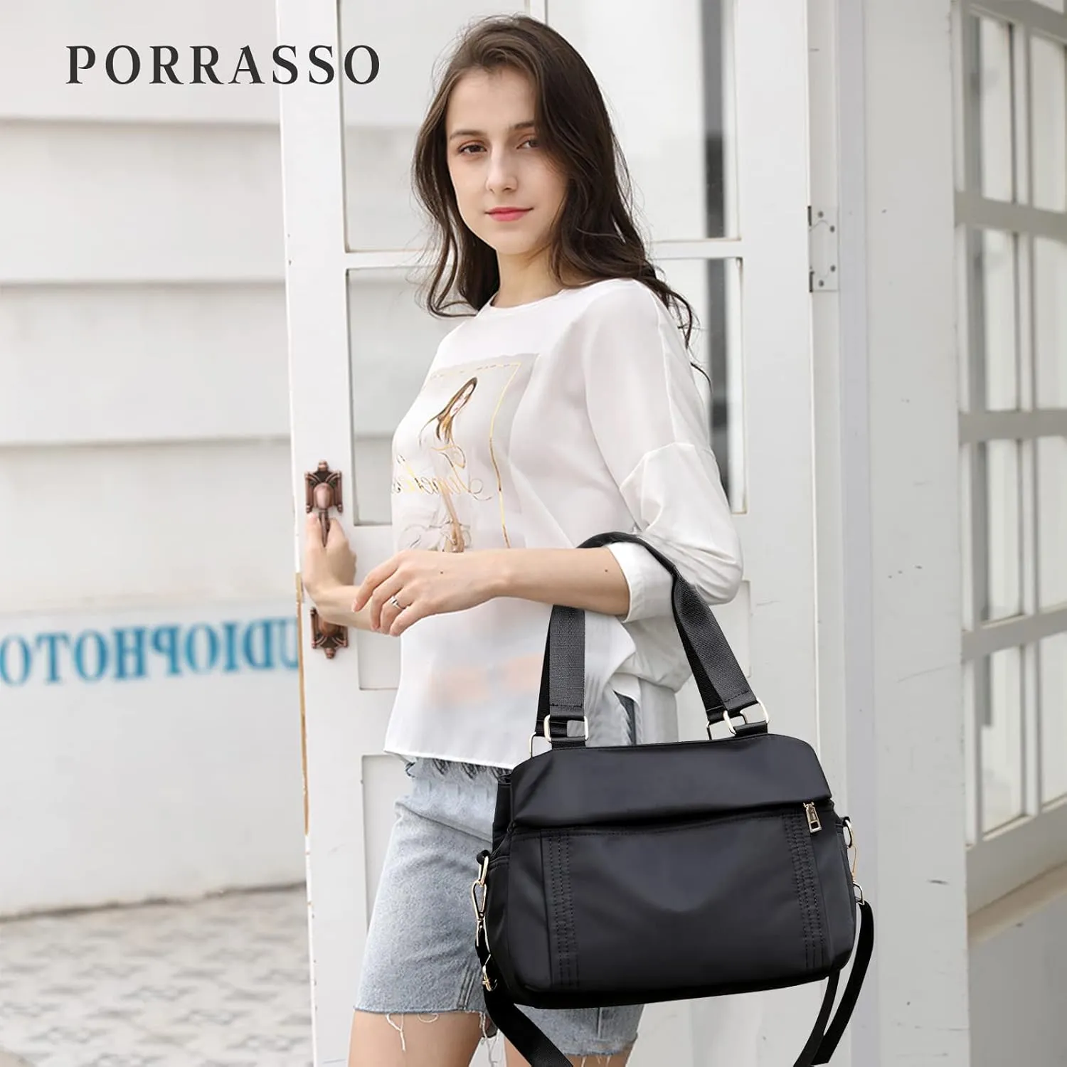 PORRASSO Crossbody Bag Nylon Shoulder Bag Women Multi-pocket Handbag Ladies Satchel Tote for Travel Work Daily Use Black