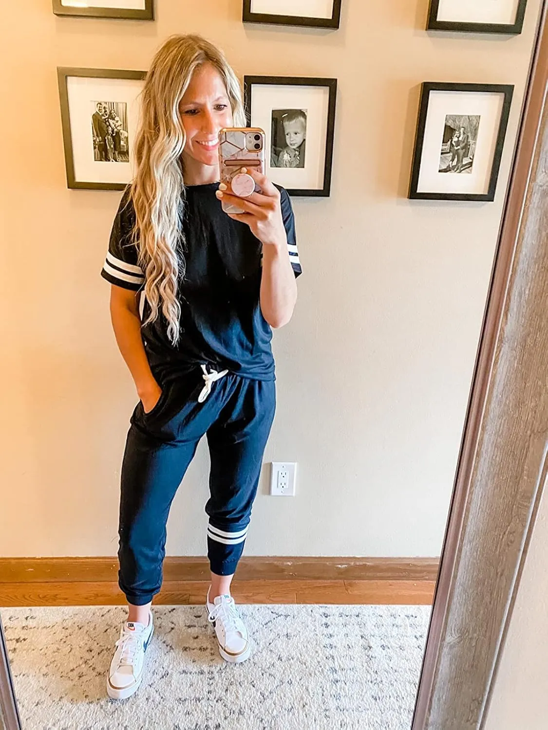 PRETTYGARDEN Women Summer Two Piece Outfits Striped Short Sleeve Pullover and Long Pants Tracksuit Travel Pajama Lounge Set