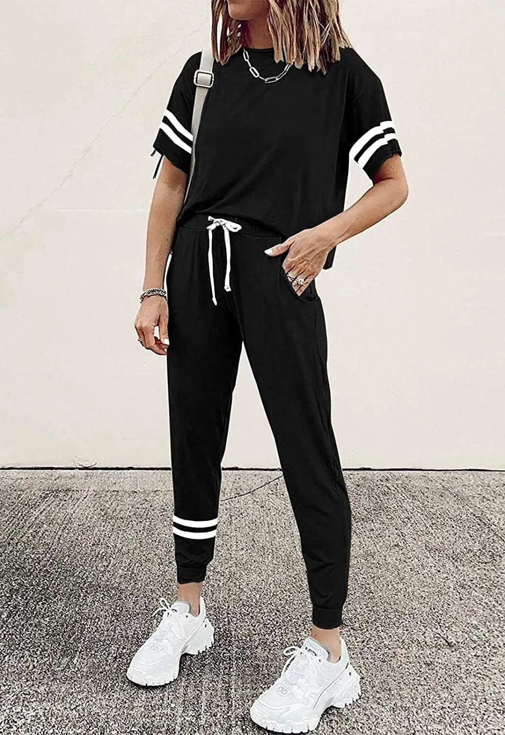 PRETTYGARDEN Women Summer Two Piece Outfits Striped Short Sleeve Pullover and Long Pants Tracksuit Travel Pajama Lounge Set