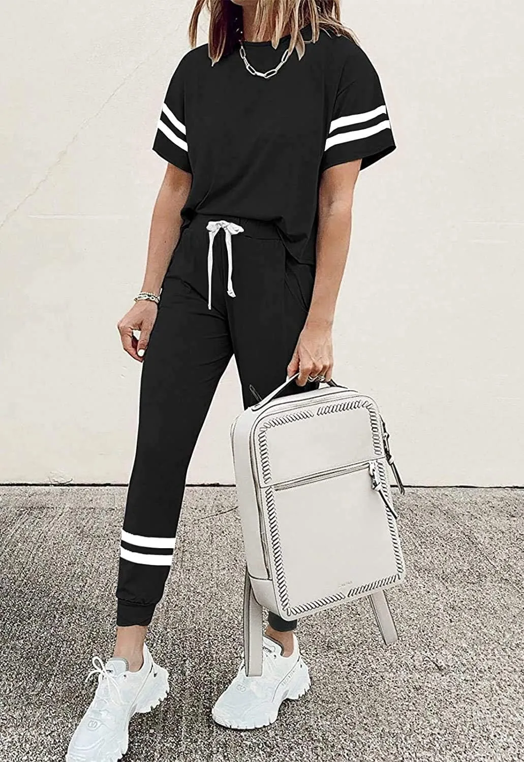 PRETTYGARDEN Women Summer Two Piece Outfits Striped Short Sleeve Pullover and Long Pants Tracksuit Travel Pajama Lounge Set