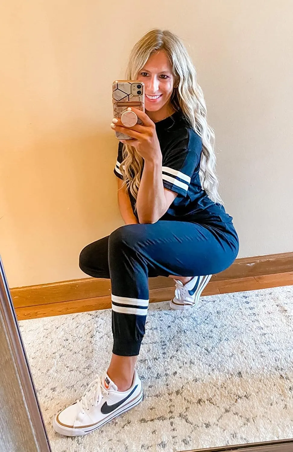 PRETTYGARDEN Women Summer Two Piece Outfits Striped Short Sleeve Pullover and Long Pants Tracksuit Travel Pajama Lounge Set