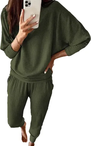 PRETTYGARDEN Women's Fall 2 Piece Outfits Fashion Sweatsuit Long Sleeve Pullover Pants Ribbed Spring Matching Lounge Set