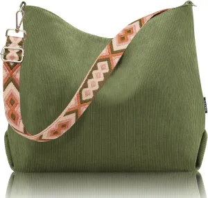 Prite Womens Corduroy Tote Bag with Zipper, Stylish Shoulder Bag with Adjustment Straps for Work, Travel, Daily Use