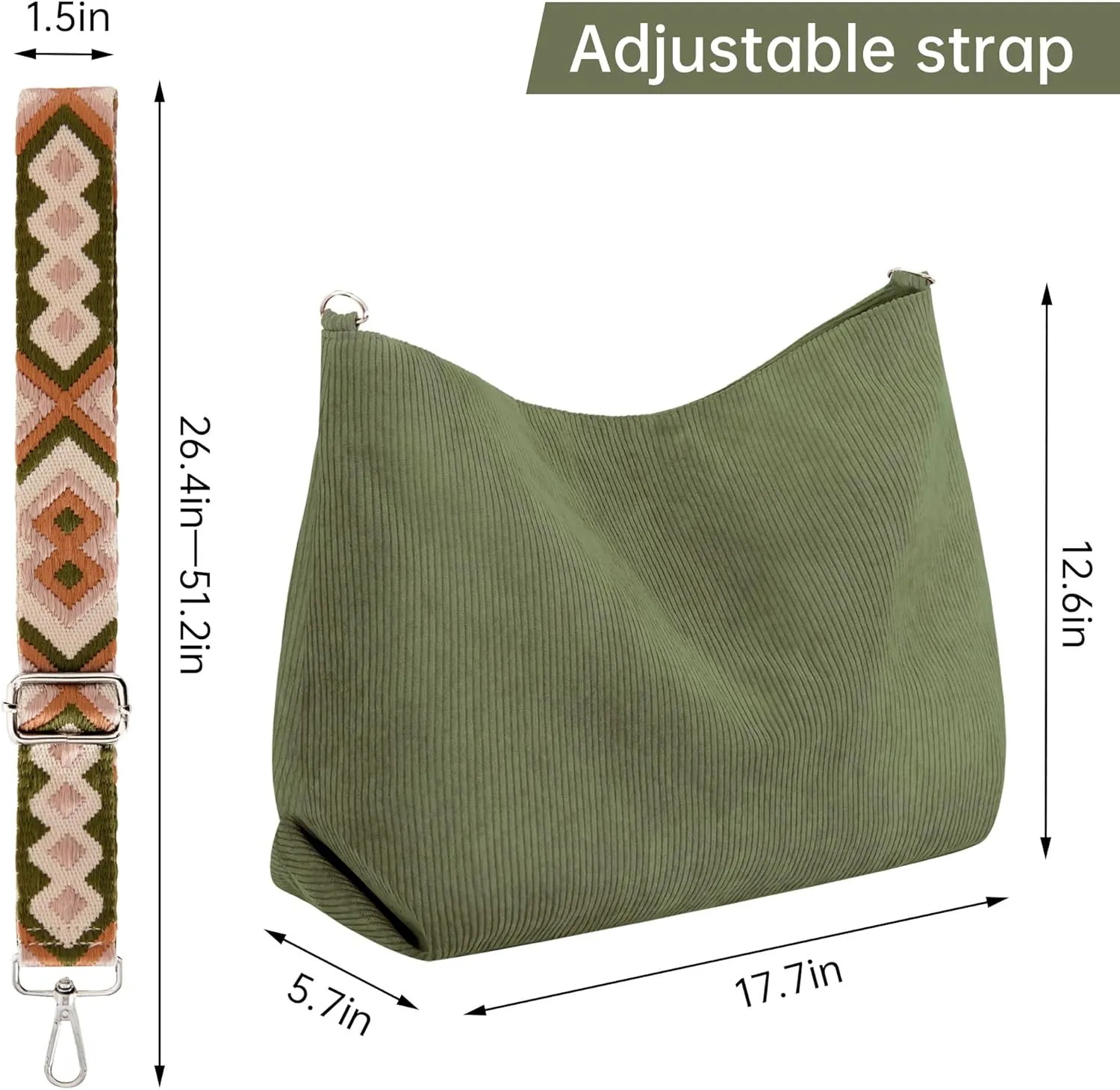 Prite Womens Corduroy Tote Bag with Zipper, Stylish Shoulder Bag with Adjustment Straps for Work, Travel, Daily Use
