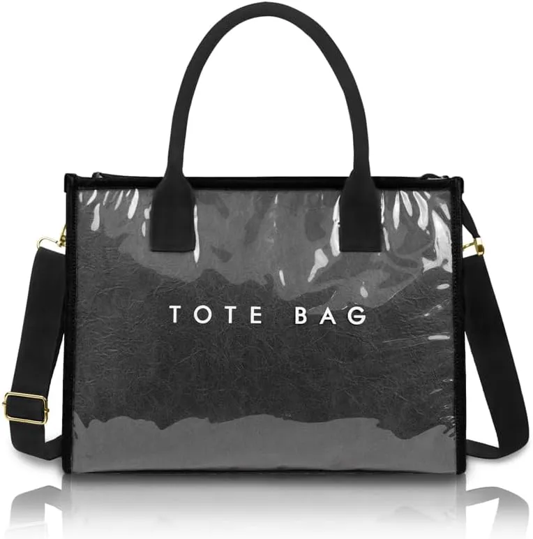 PVC Tote Bag for Women Large Capacity Waterproof Clear Shoulder Bag Letter Print Kraft Paper Bag for Work, Travel & Daily Use