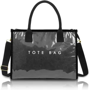 PVC Tote Bag for Women Large Capacity Waterproof Clear Shoulder Bag Letter Print Kraft Paper Bag for Work, Travel & Daily Use