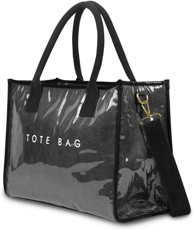 PVC Tote Bag for Women Large Capacity Waterproof Clear Shoulder Bag Letter Print Kraft Paper Bag for Work, Travel & Daily Use