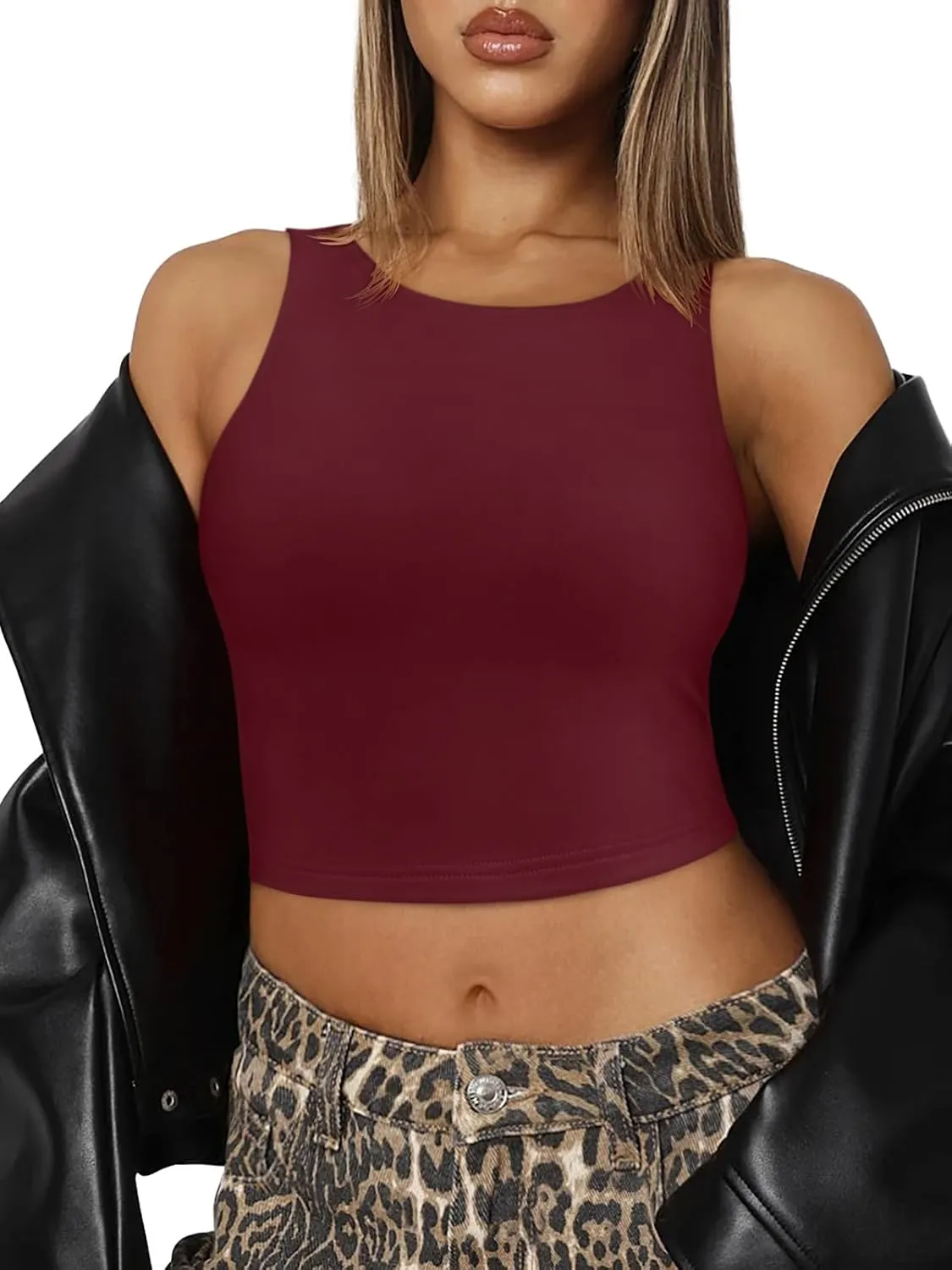 REORIA Butsmooth Women's Sleeveless Halter Neck Double Lined Casual Basic Crop Tank Tops