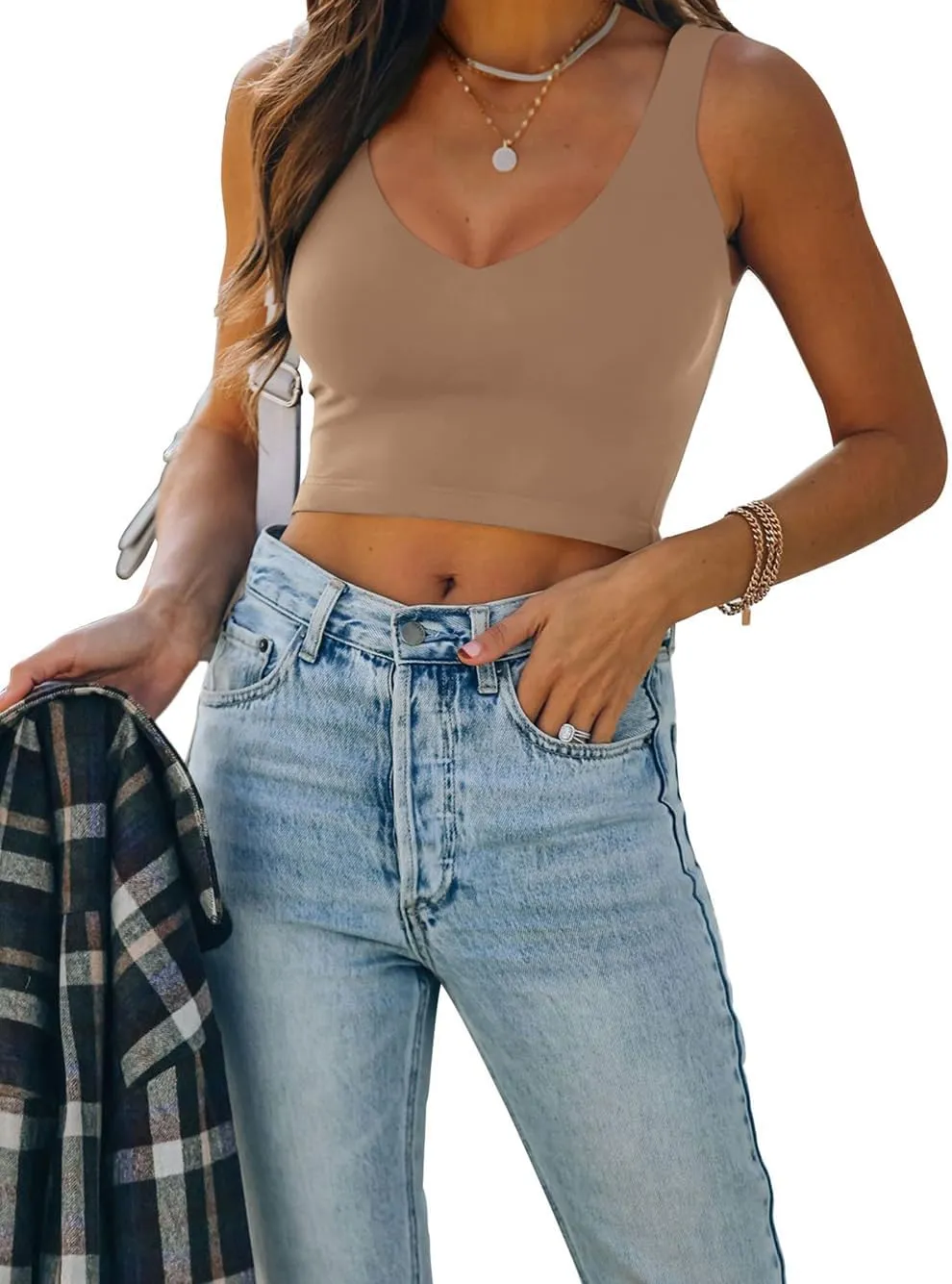 REORIA Women's Summer Casual V Neck Sleeveless Double Lined Basic Crop Tank Tops