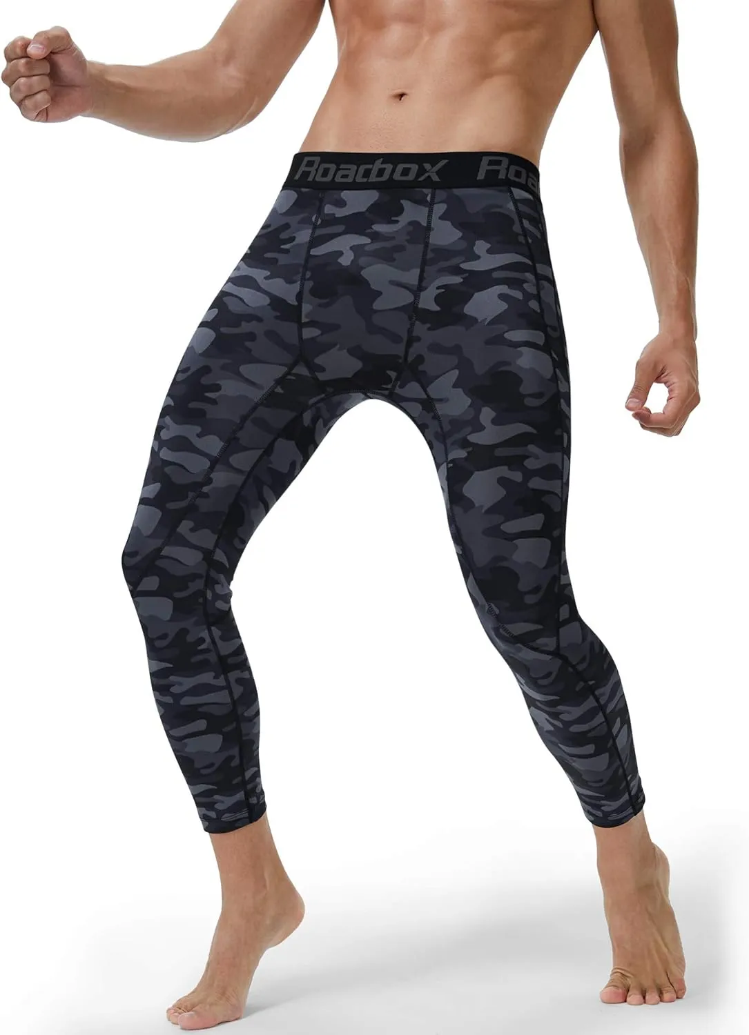 Roadbox 2 Pack Men's 3/4 Compression Pants, Athletic Basketball Workout Tights Leggings, Sport Running Spandex Base Layer